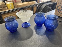 3 Cobalt Blue Vases & 1 Pedestal Bowl