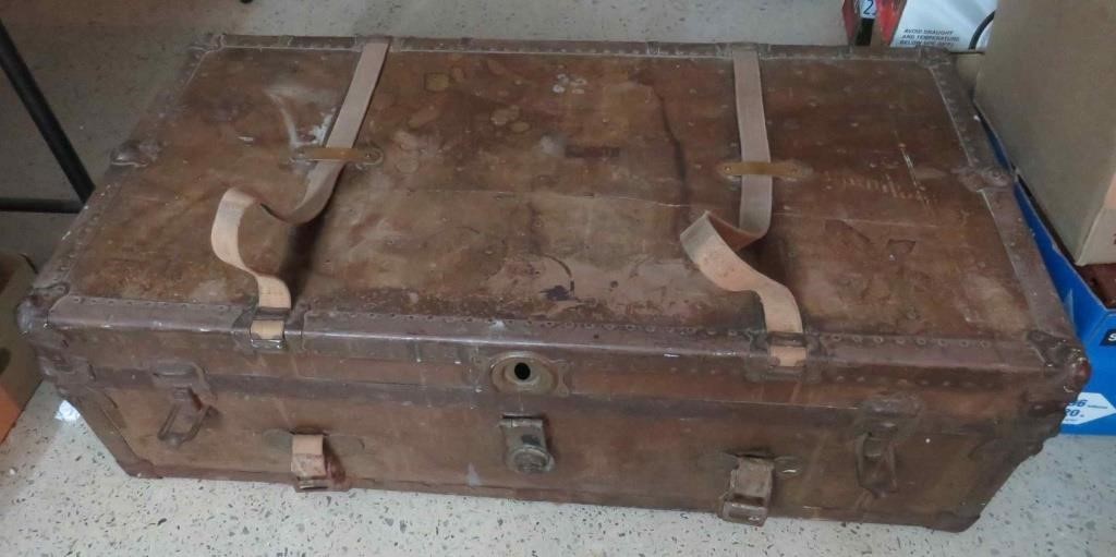 Antique Steamer Trunk w Canvas Straps OLD