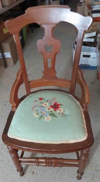 Antique Chair w Embroidered Seat OLD