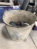 Galvanized bucket w/ old buttons, sm pulleys, etc