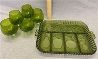 Vintage Green Glass Tray And Brandy Snifters