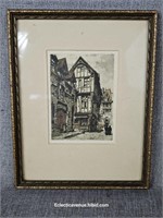 European Colored Etching Framed Antique
