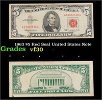 1963 $5 Red Seal United States Note Grades vf++