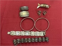 Sterling Lot: , bangles, belt, rings, pendant: