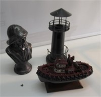 TIN LIGHTHOUSE CANDLE HOLDER-WOODEN TUG