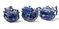 3 Staffordshire Blue & White Transferware Teapots.