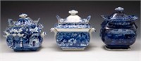 Lot: 3 Blue Staffordshire Transferware Sugar Bowls