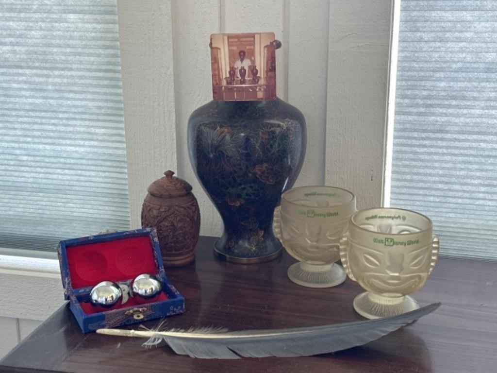 Brass Enamel Vase, Ginger Jar, Disney Goblets