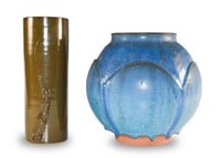 2 Japanese Mid Century Vases, Teadust / Blue Glaze