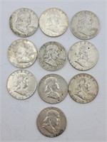 $5.00 10 Franklin Silver Half Dollars