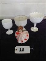 3 Pcs. Milk Glass & Numbered Girl Planter