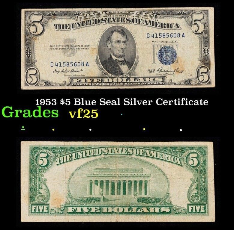 1953 $5 Blue Seal Silver Certificate Grades vf+