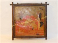 Antique Asian Crane Wood Framed Tri Fold Mirror