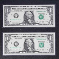 US Paper Money 2 X Series 2013 $1 Bills, Uncircula