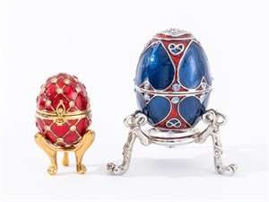 Faberge Style Enameled eggs on Stands, 2