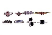 Eight .925 Rings with Amethyst, Garnet, Onyx