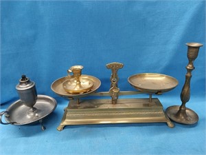 Brass Balance scales, 2 brass Candlesticks, and a