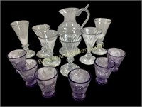 Hand Blown Carafe, Stems, Etched Cordial Stems