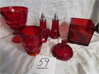 6 PIECES OF RUBY RED - SALT AND PEPPER, CREAMER,