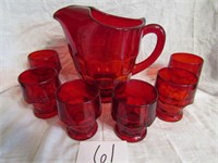 RUBY PITCHER AND 6 SMALL GLASSES