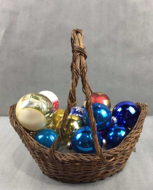 Basket filled with Christmas ornaments