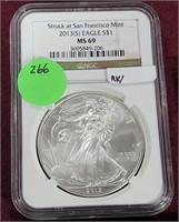 2013-S SILVER EAGLE $1 COIN - GRADED MS69