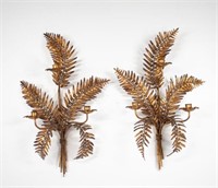 Pair Gilt Metal Fern Leaf Wall Sconces