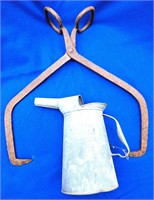 HAND FORGED ICE TONGS & GALVANIZED OIL CAN LOT