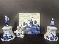 Delft Blue Windmill Tile, Bells, Gzhel Porcelain