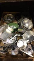 Tray lot of children's kitchen tinware cookware ,