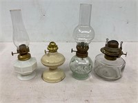 3 mini coal oil lamps and a lamp base