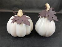 Pair of White Ceramic Pumpkins with Metal Leaves