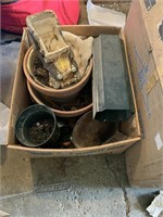 Box of flower pots and miscellaneous items