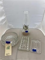 4 pcs-Glass Candy Dish 2 Glass Trays & Oil Lamp