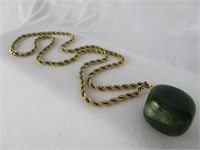 14K Gold Rope Chain Necklace w/Jade Cube