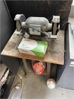 Bench grinder with stand, vinyl gloves