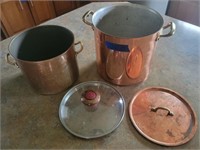 (2) Copper Pots w/ 2 Lids for smaller pot
