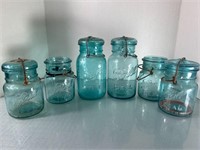 6 Vintage Ball Jars Blue wire bails and