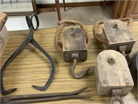 ANTIQUE ICE TONGS / SNATCH PULLEYS
