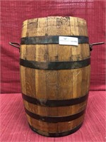 Oak barrel with metal handles, 17” x 11”