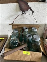 Box w/antique green jars, misc antiques