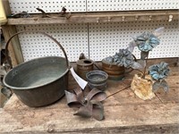 Copper Pot, Cauldron, Bell, (2) Watering Cans,