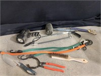 shop tools, hacksaw, rubber mallet, crescent