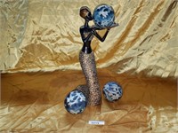 African serving lady statuette & glass eggs (3)