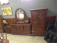 Three piece heavy wood bedroom set with wardrobe,