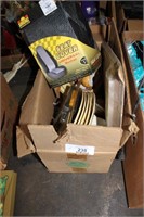 BOX LOT- DISHES, BICYCLE PEDALS,, MEMO PADS, ETC