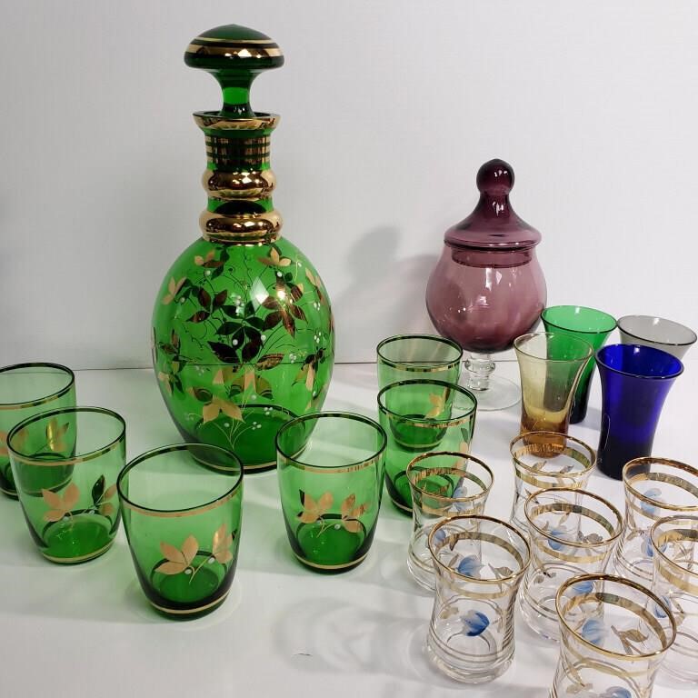 GREEN DECANTER, GLASSES