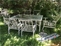 Large Glass Outdoor Table w/ 6 Chairs Umbrellas