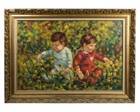 Oil on Canvas of Children - Giltwood Frame Signed