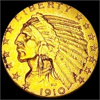 1910-D $5 Gold Half Eagle CLOSELY UNC